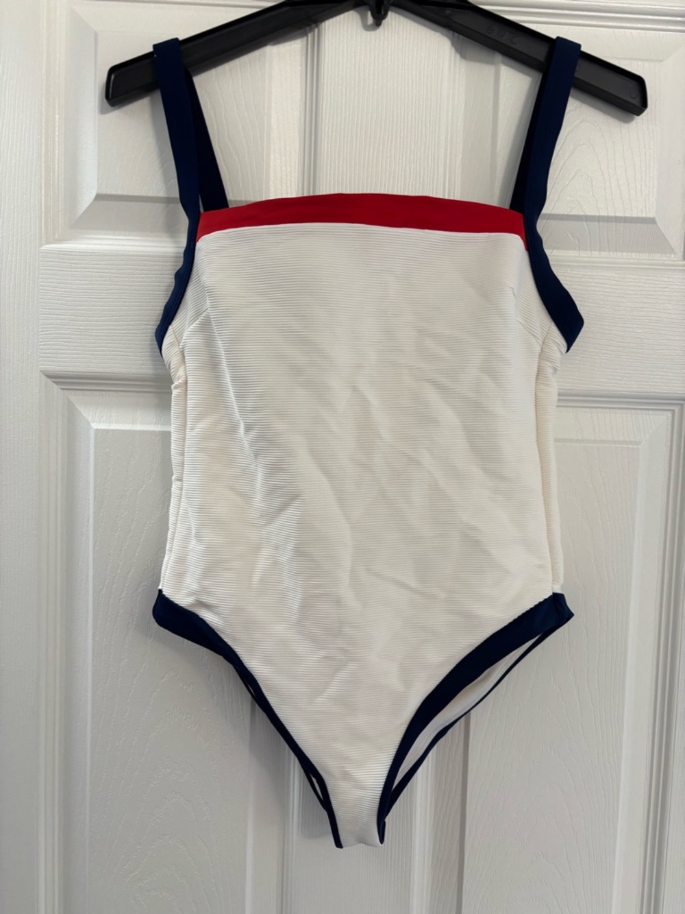 Women’s Navy and White One-Piece Swimsuit with Red Trim